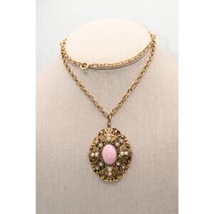Vintage Avon Pink Cabochon Faux Pearl Pendant Necklace Gold Tone 24in
